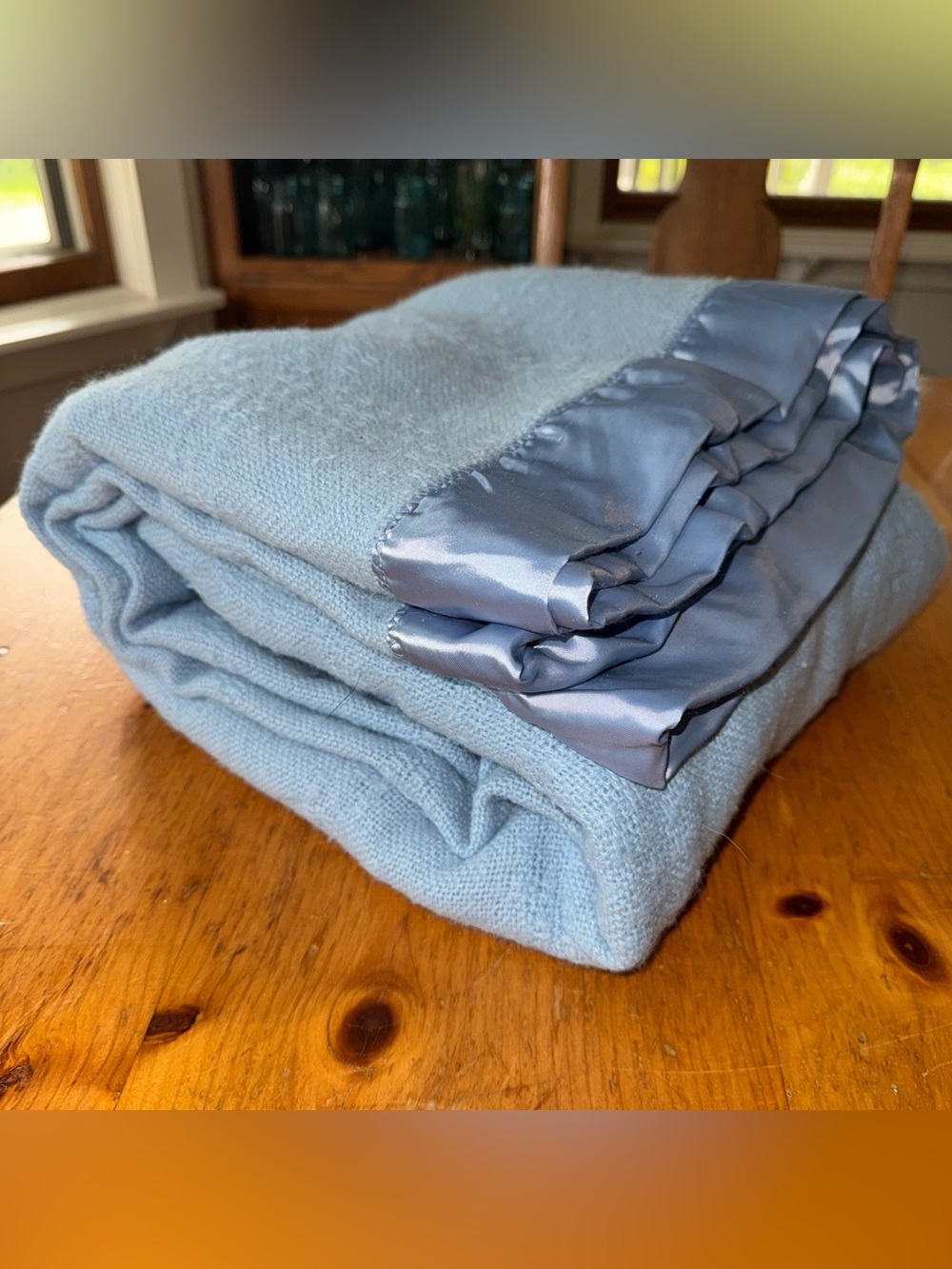 Vtg Faribo Faribault Wool Blend Blanket Queen 84x87 Satin Edge USA BLUE Woven